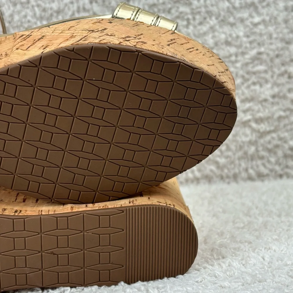 Kate Spade Sandal Womens 9M Gold Tallin Strappy Open Toe Espadrille Platform Wed